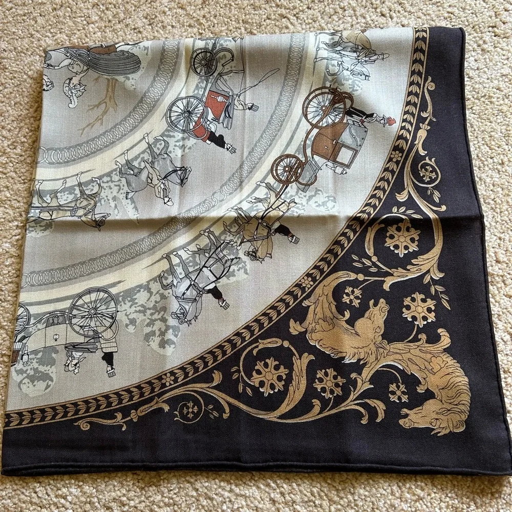 NWT Equestrian Horse Carriage Silk Wool Scarf 100x100cm Hermes Style